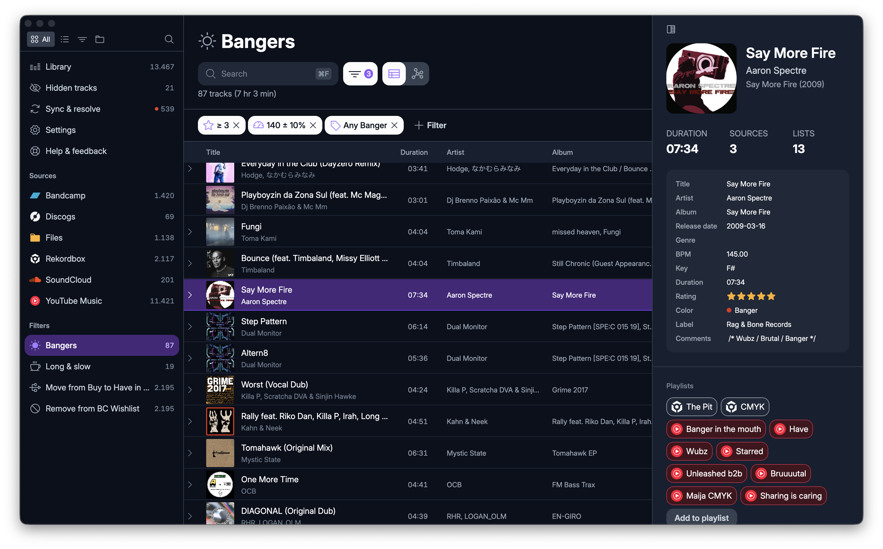 Tangle library showing tracks from multiple music sources, playlists, ratings, tags, and filters